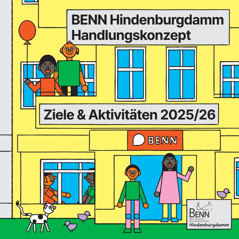 Vor einem gelben Haus stehen gezeichnete Figuren und winken. Es laufen Tiere vorbei.