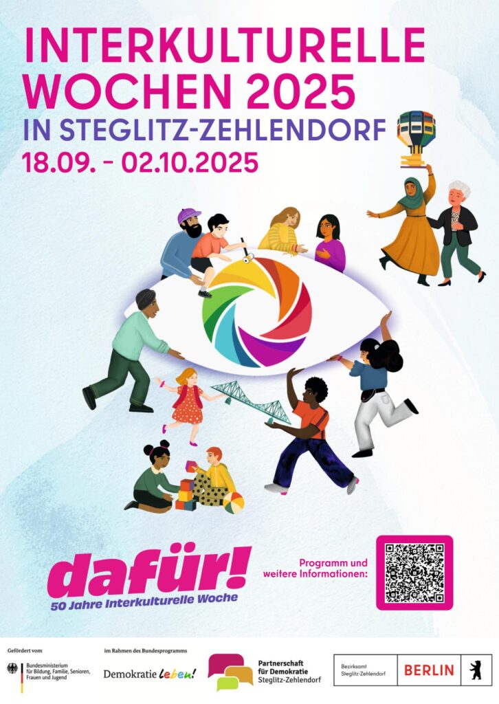 Flyer mit vielen Menschen, die gemeinsam spielen, malen und tanzen.