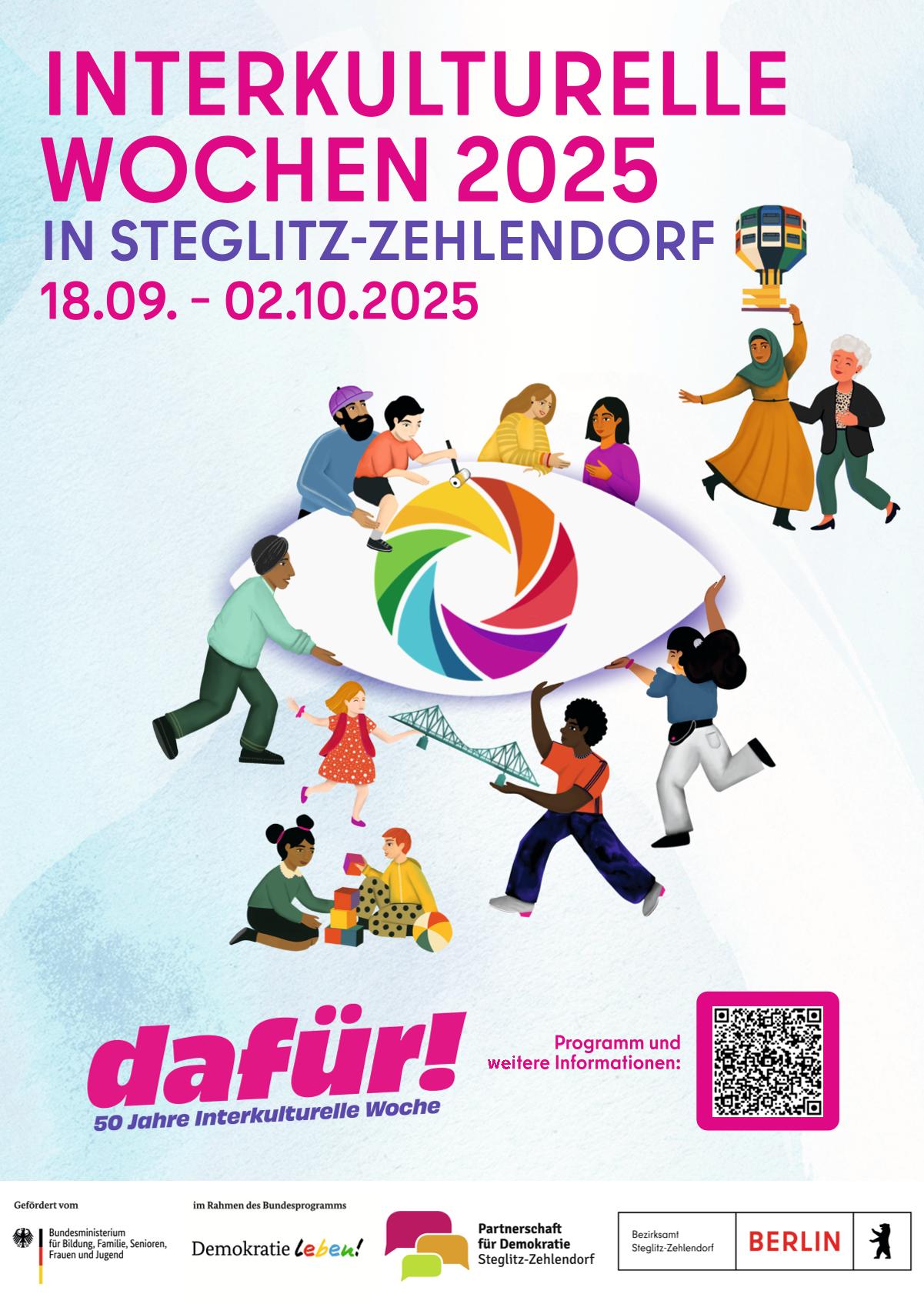Flyer mit vielen Menschen, die gemeinsam spielen, malen und tanzen.