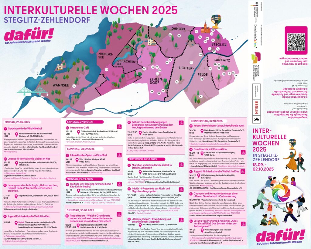 Flyer mit einer Karte und Text zu Veranstaltungen.
