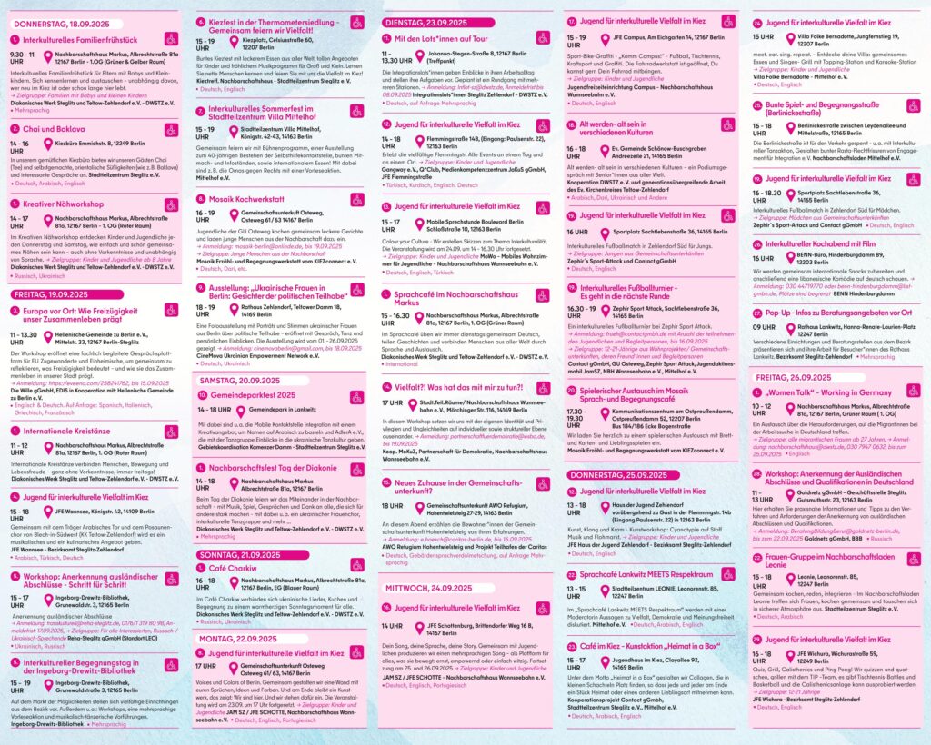 Flyer mit Aufzählung aller Veranstaltungen der Interkulturellen Wochen in Steglitz-Zehlendorf.