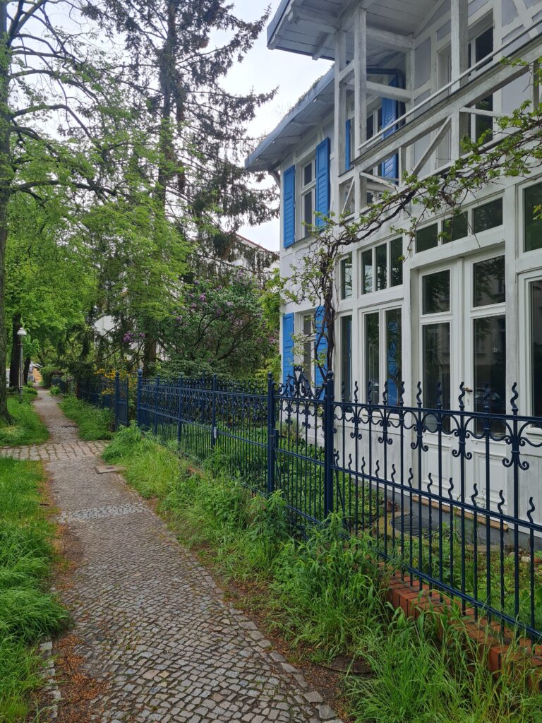 In einer Straße steht ein altes blaues Haus.